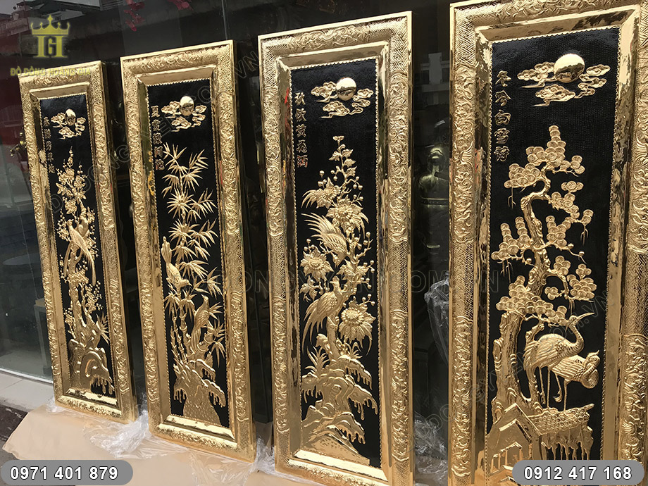 tranh đồng tứ qu&yacute; mạ v&agrave;ng